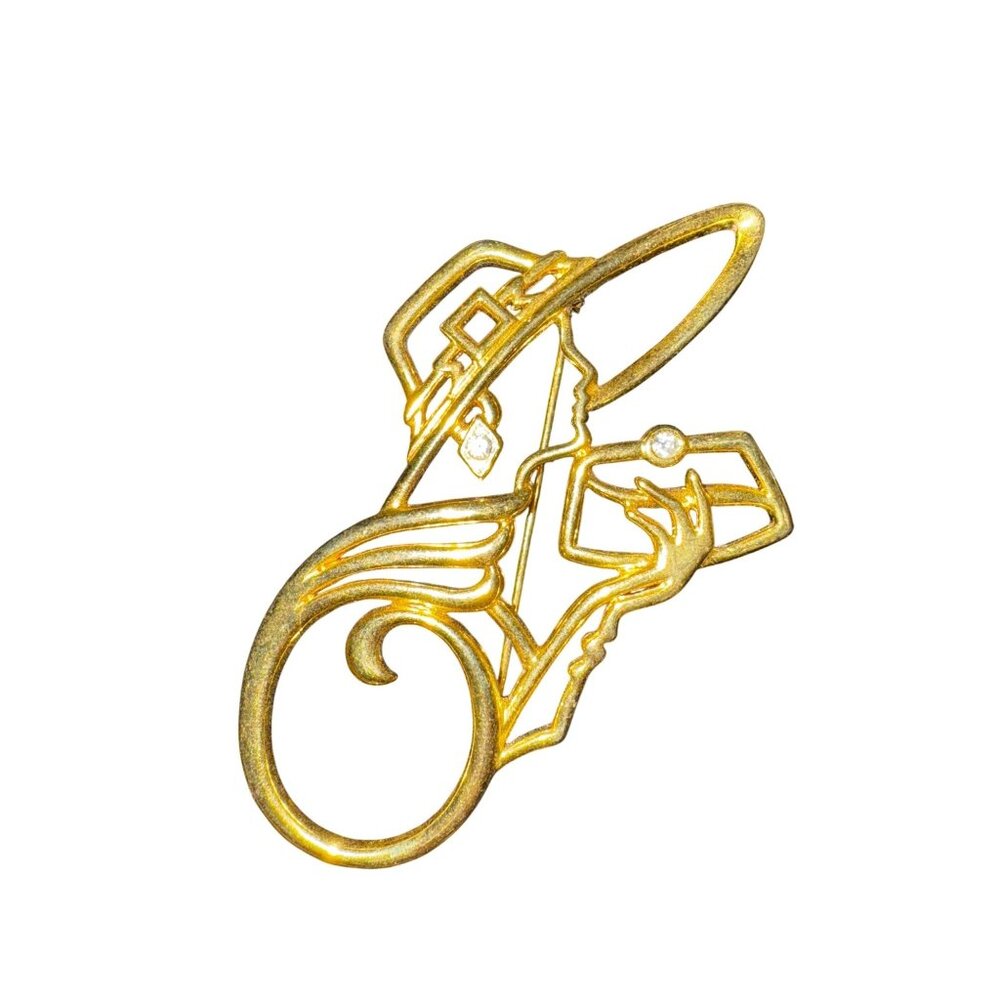 Vintage Gold-Tone Fancy Woman‎  Brooch Pin With Rhinestone Accents By JJ Glamour
